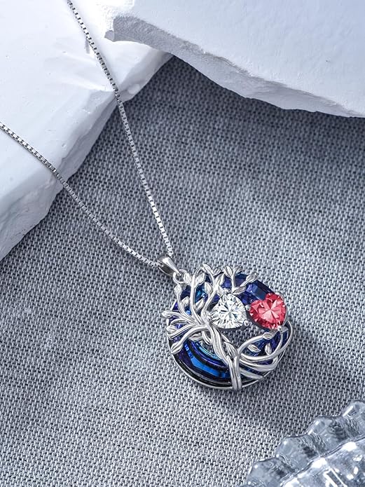 TOUPOP s925 Sterling Silver Family Celtic Tree of Life Pendant Necklaces with 2 Heart Birthstone with Blue Austrian Crystal Jewelry Birthday Anniversary Christmas Gifts for Her Wife Girlfriend Mom (18K Real White Gold Filled)