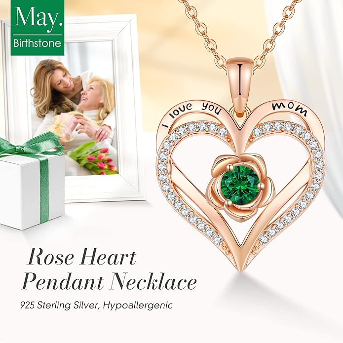 CDE Christmas Gifts for Women S925 Silver Rose Gold Heart Birthstone Necklaces for Women，Ideal Anniversary or Birthday Jewelry Gifts for Wife Girlfriend Her