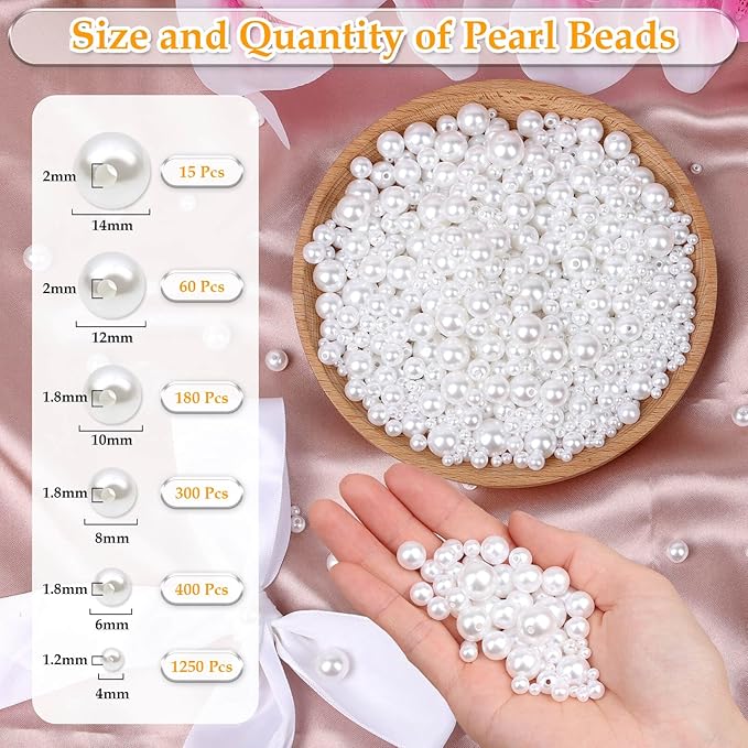 Anezus 2205Pcs White Pearls for Craft, Assorted Sizes Fake Pearl Beads, Sew on Pearls, Bulk Loose Pearl Beads with Holes for Jewelry Making, Bracelets, Necklaces, Hairs, Decoration, Vase Filler