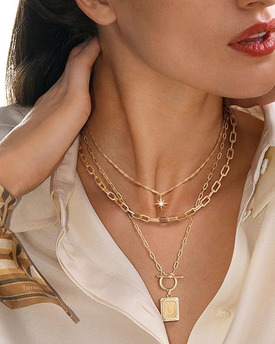 MJartoria Layered Initial Necklaces for Women Trendy, 14K Gold Plated Brass Simple Star Choker Square Letter Pendant Necklace, Paperclip Chain Necklaces Jewelry Gifts