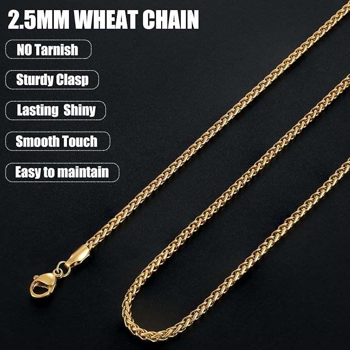 Fiusem Black Wheat Chains for Men and Women, 2/2.5/3/4/5mm Stainless Steel Necklace Chain, Mens Necklace Jewelry Gift 16-28 Inch