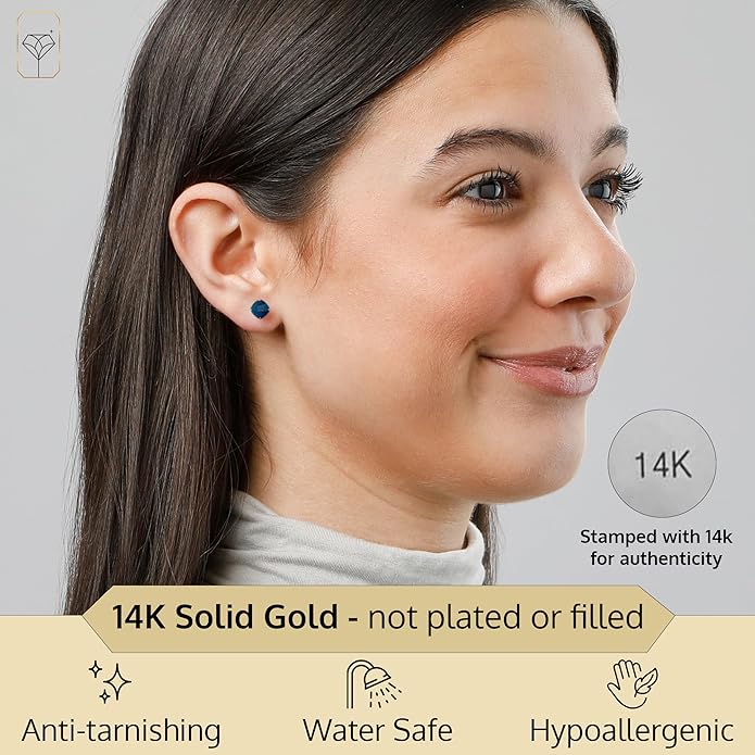 14k Gold 6MM Cushion Cut Stud Gemstone Earrings | Hypoallergenic Solitaire Gemstone Studs with 14K Gold Backs | Lightweight Birthstone Earrings with Gift Box by MAX + STONE