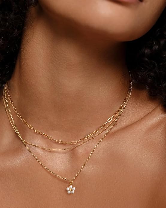 Layered Necklace for Women 14K Gold Plated Dainty Paperclip Herringbone Pearl Cross Pendant Necklace Stack，Layering Chain Cuban Figaro Rope Chain Choker Trendy Gold Jewelry Gift
