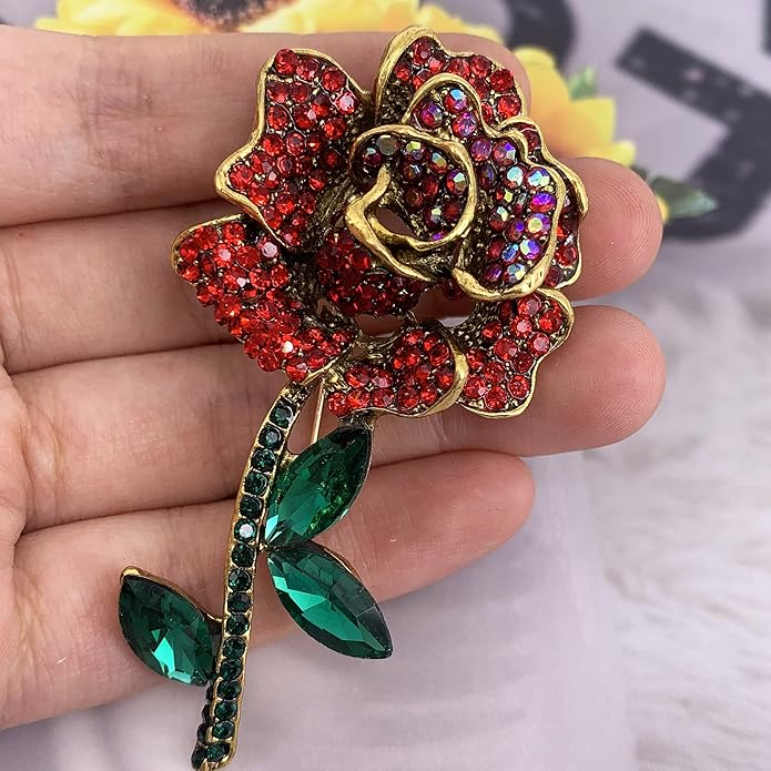 SELOVO Women Rose Flower Red Rhinestone Bling Brooch Pin Gold Tone