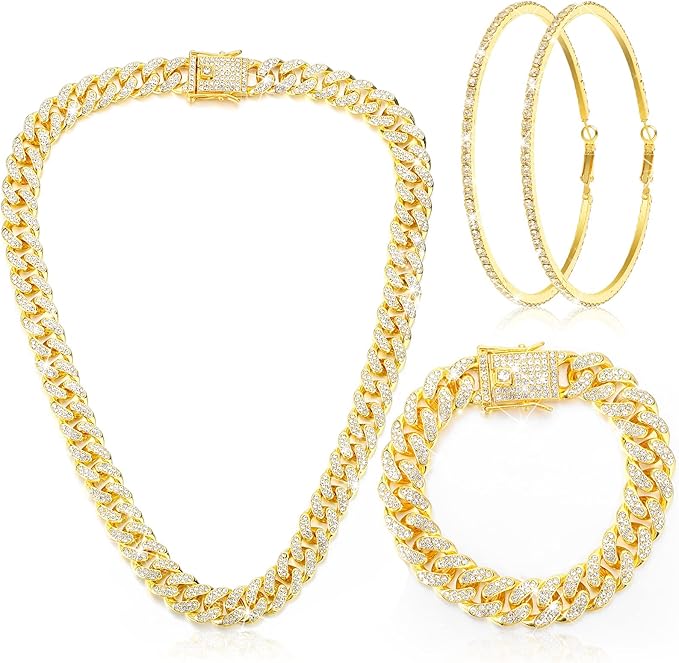 Batiyeer 3 Pcs Cuban Link Chain Necklace Bracelet Rhinestone Hoop Earrings Bling Crystal Hip Hop Jewelry for Women(16 Inch,Gold)