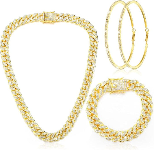 Batiyeer 3 Pcs Cuban Link Chain Necklace Bracelet Rhinestone Hoop Earrings Bling Crystal Hip Hop Jewelry for Women(16 Inch,Gold)