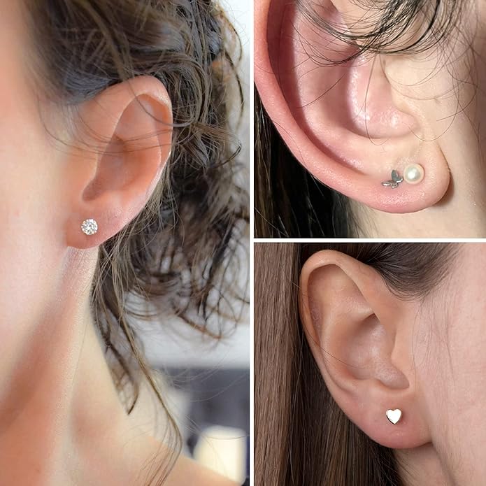 Stud Earrings for Women Hypoallergenic Sterling Silver Post Hoop and Studs Earrings Set for Multiple Piercing Small Ball Cubic Zirconia Earring Studs for Women Trendy Jewelry Gifts（6 Pairs）