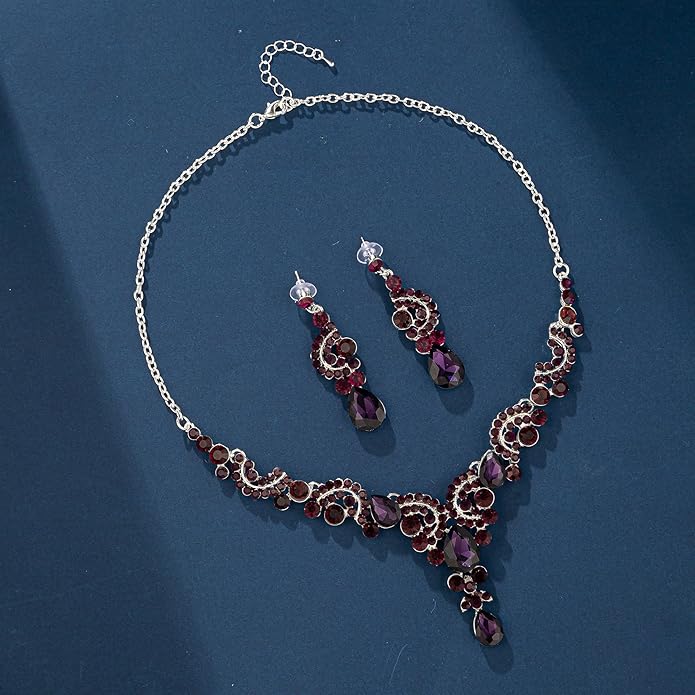 Paxuan Crystal Bridal Wedding Jewelry Sets for Women Rhinestone Teardrop Crystal Statement Choker Necklace Drop Earrings Link Bracelets Rings Teardrop Jewelry Set for Brides Bridesmaids