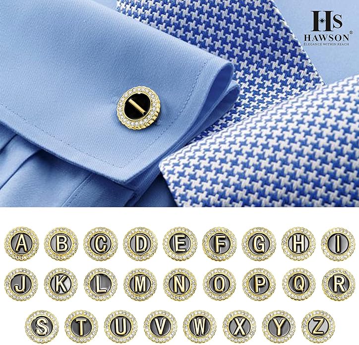 HAWSON A-Z Initial Cufflinks for Men and Women with Clear Crystal, Gold Silver Color Rasied Letter A-Z Cuff Links for French Shirt, Gift for Normal and Business Wearing