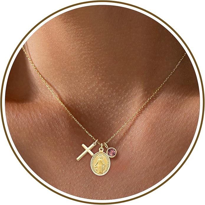 Gold Cross Necklaces for Women, 1-12 Birthstone Necklace Stocking Stuffers for Her Faith Confirmation Gifts for Teen Girls Virgin Mary Necklace Gifts for Christians Birthday Baptism Religious Jewelry