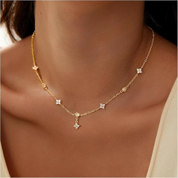 Yoosteel Dainty Gold-plated Clover Pearl Heart Butterfly Star flower Choker Necklace for Women - 14K Gold Plated Cubic Zirconia Pendant Station Necklaces for Women Teens Trendy Prom Jewelry Gifts