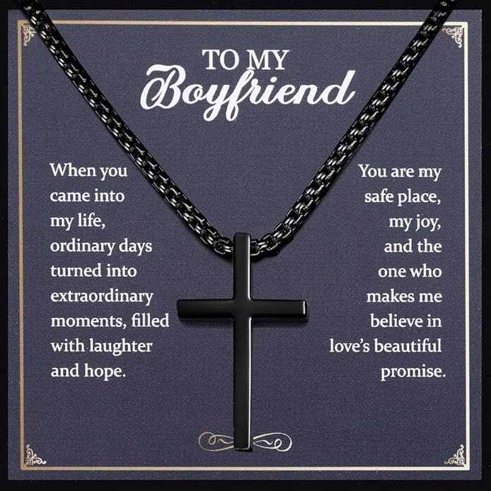 TEN MIRO Silver/Black Cross Necklace for Men Boy Stainless Steel Cross Pendant Necklace for Men Christian Religious Jewelry with Box & Card Birthday Anniversary Christmas Father's Day Gifts for Him