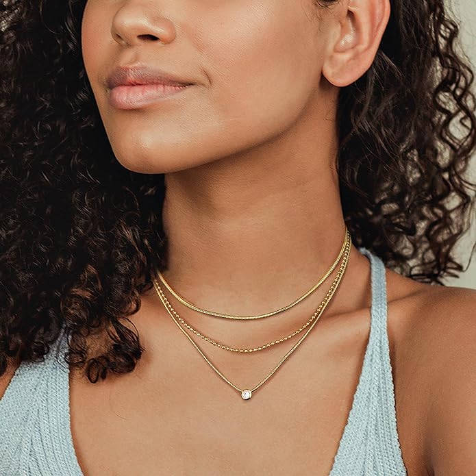 ORAZIO Gold Necklaces for Women,Layered Gold Necklace,14K Gold Plated Pendant Necklaces,Simple Choker Necklaces Set, Dainty Gold Chain Necklaces,Trendy Gold Stacked Jewelry Gifts for Women