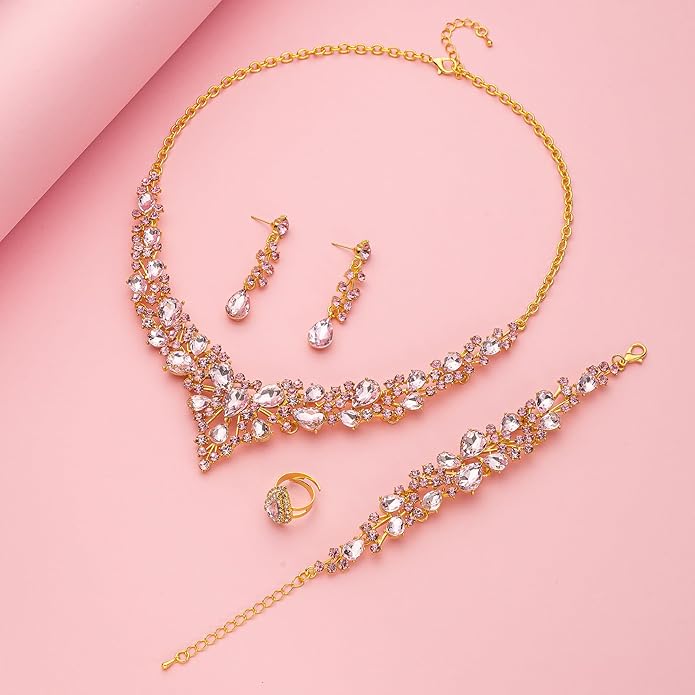 Paxuan Crystal Bridal Wedding Jewelry Sets for Women Rhinestone Teardrop Crystal Statement Choker Necklace Drop Earrings Link Bracelets Rings Teardrop Jewelry Set for Brides Bridesmaids