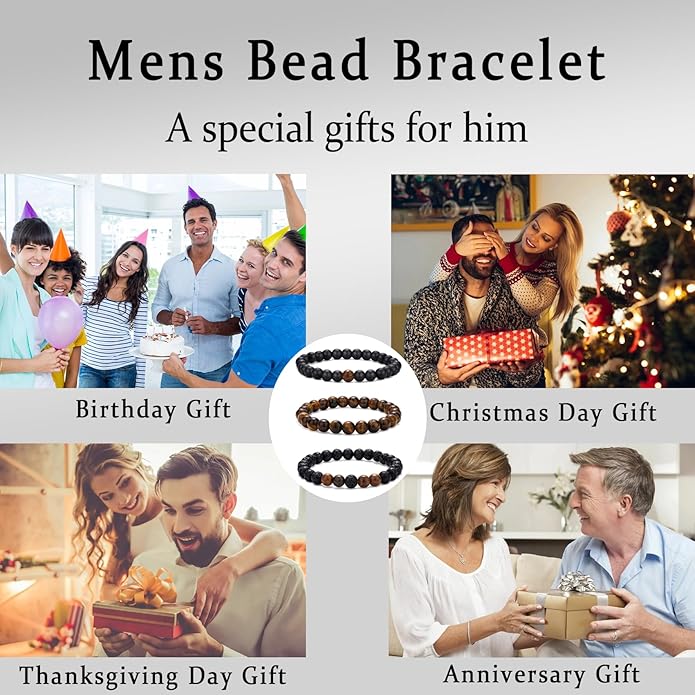 RANKEEF Mens Bead Bracelet Set - Adjustable Elastic Rope With 6&8MM Natural Stone Multi-Colored Beads - Tiger Eye Bracelets for Men - Gift