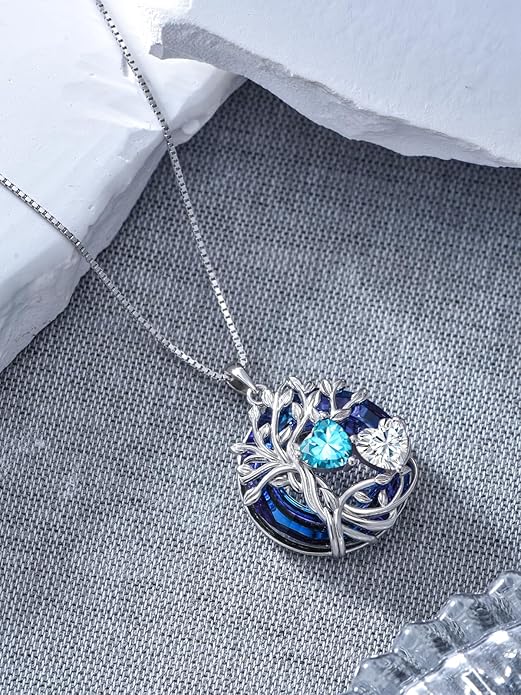 TOUPOP s925 Sterling Silver Family Celtic Tree of Life Pendant Necklaces with 2 Heart Birthstone with Blue Austrian Crystal Jewelry Birthday Anniversary Christmas Gifts for Her Wife Girlfriend Mom (18K Real White Gold Filled)
