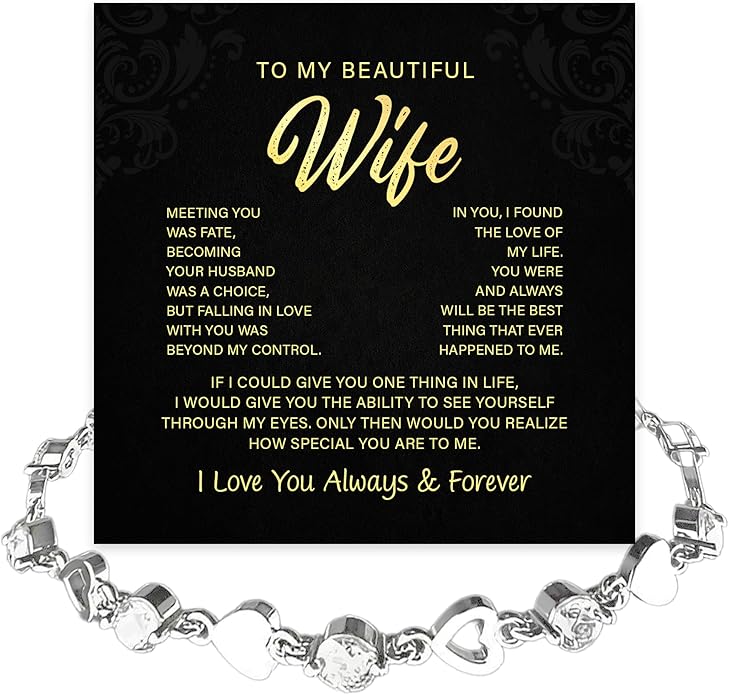 To My Wife Crystal Heart Bracelet Gift From Husband, Beautiful Wife Jewelry For Anniversary, Birthday, Christmas, Valentine’s Day, Bracelet For Her With Heartfelt Message & Elegant Box