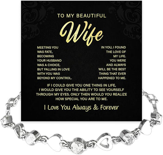 To My Wife Crystal Heart Bracelet Gift From Husband, Beautiful Wife Jewelry For Anniversary, Birthday, Christmas, Valentine’s Day, Bracelet For Her With Heartfelt Message & Elegant Box