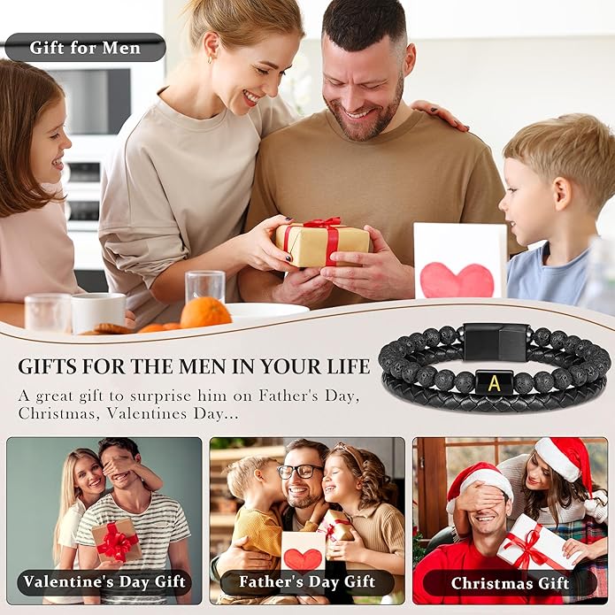 FOCOOG Leather Bracelets for Mens Gifts - Premium Genuine Leather Natural Lava Rock Matte Agate Adjustable Stainless Steel Magnetic Clasp Initial Bracelet, Unique Gifts for Men Husband Dad Son