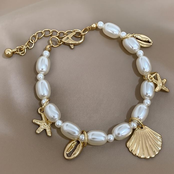 Shell Ankle Bracelet Set for Women, Gold Plated Boho Bead Adjustable Anklet, Hawaiian Beach Seashell Pearl Heart Starfish Conch Foot Jewelry Gifts