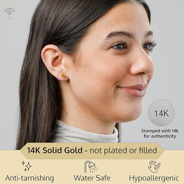 14k Gold 6MM Cushion Cut Stud Gemstone Earrings | Hypoallergenic Solitaire Gemstone Studs with 14K Gold Backs | Lightweight Birthstone Earrings with Gift Box by MAX + STONE