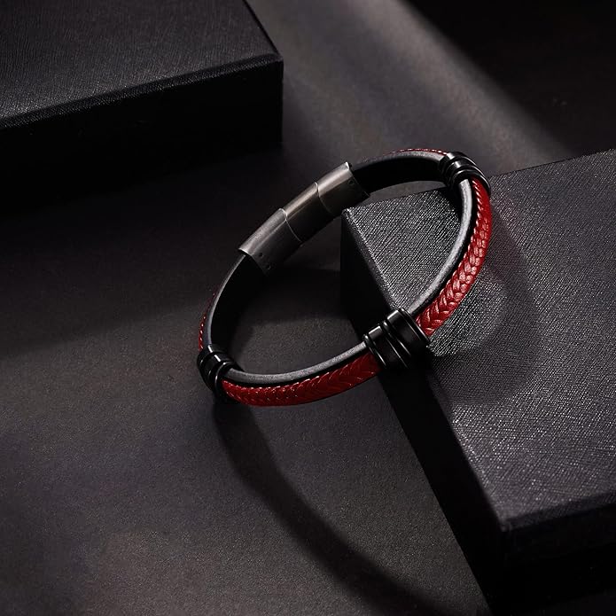 Leather Bracelet for Men with Adjustable Stainless Steel Magnetic Clasp Multi-Layer Braided Mens Leather Bracelet