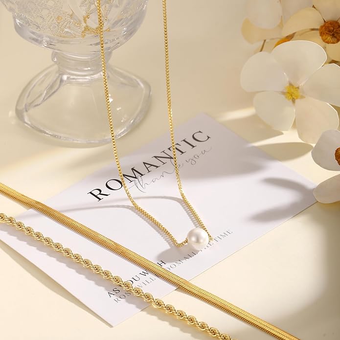 Layered Gold Necklace for Women Trendy 14K Gold Plated Heart CZ Pendant Layered Gold Necklaces Set Coin Choker Necklaces Simple Circle Cubic Zirconia Pearl Necklace Stack Herringbone Paperclip Chain Jewelry Set