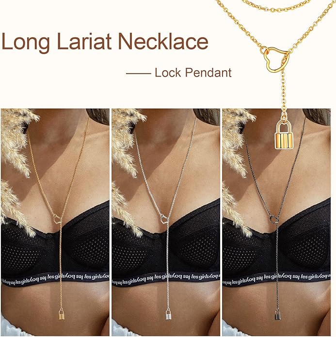 FOCALOOK Lariat Y-Necklaces | Long Necklaces for Women | Long Black Necklaces | Gold Necklaces for Women | Drop Heart Necklaces for Women | Front Adjustable Long Chain Necklace