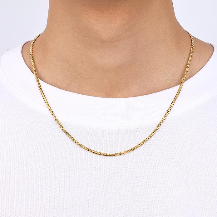 Fiusem Flat Box Chains for Men, 14k Gold Plated Stainless Steel Chain Necklace, 2.5/3/4/4.5/5mm Necklaces for Men and Women 16-28 Inch