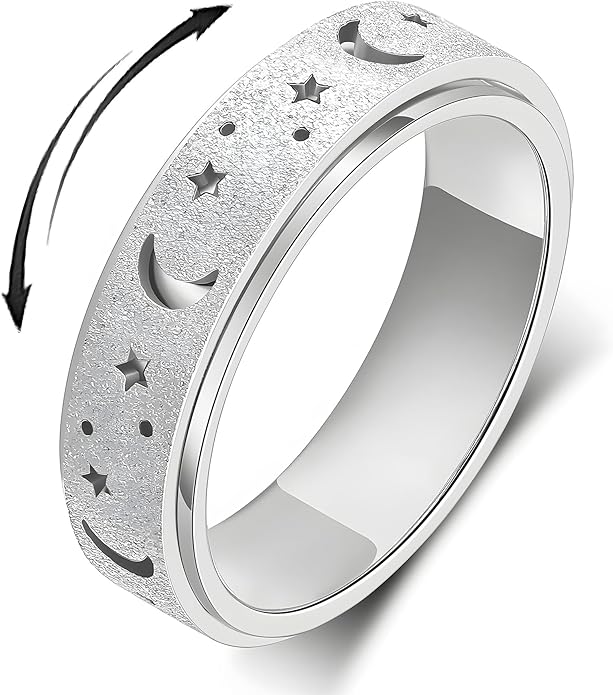 AmorArtSky Anxiety Ring for Women Men, Titanium Stainless Steel Spinner Ring, 5 Colors, 6MM, Size 6-10, 3 Styles Anxiety Ring-Moon Star, Sandblasted Finished, Hollow Outer