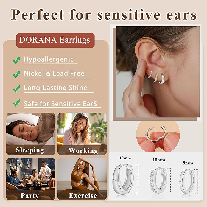 DORANA Valentines Day Gift 3 Pairs 925 Sterling Silver Earrings for Women Girls Non Tarnish Small Hypoallergenic Huggie Hoops Cartilage Stack Earring Sets for Multiple Piercing