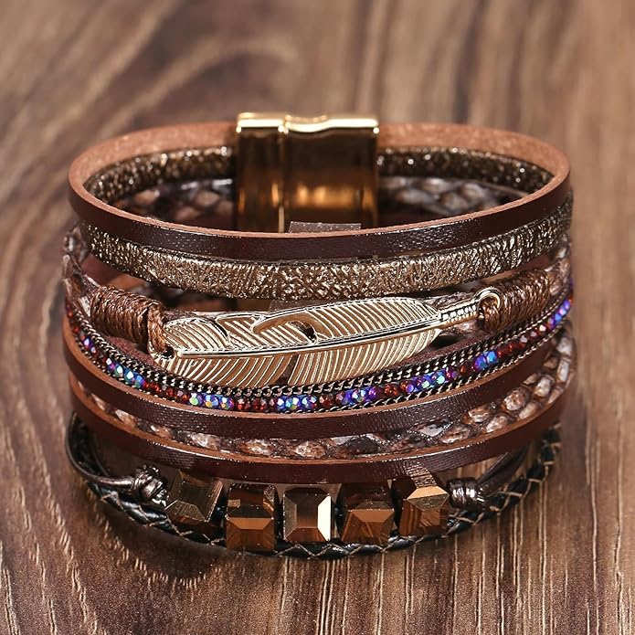 Fesciory Leopard Bracelet for Women, Boho Leather Wrap Multi-Layer Pearl Crystal Bracelet Bangle Jewelry