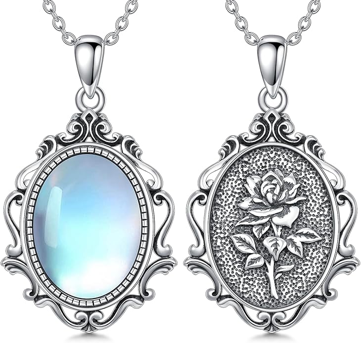 PELOVNY Rose Necklace 925 Sterling Silver Moonstone Turquoise Obsidian Necklace Victorian Cameo Rose Vintage Western Jewelry Christmas Valentines Day Gifts for Women