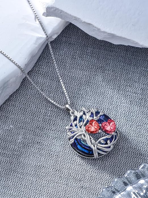 TOUPOP s925 Sterling Silver Family Celtic Tree of Life Pendant Necklaces with 2 Heart Birthstone with Blue Austrian Crystal Jewelry Birthday Anniversary Christmas Gifts for Her Wife Girlfriend Mom (18K Real White Gold Filled)