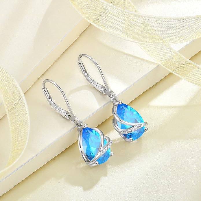 Birthstone Dangle Drop Earrings for Women 925 Sterling Silver Teardrop Leverback Earrings Jewelry Gifts for Wife Mother Her