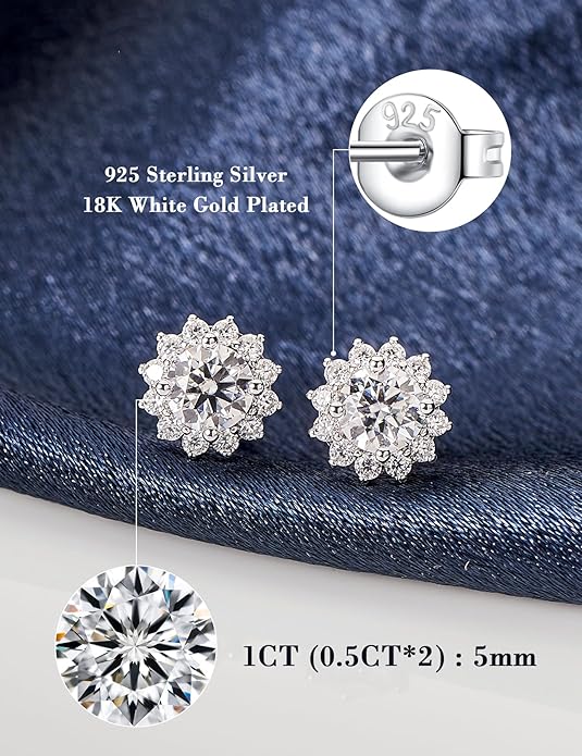 IMOLOVE Moissanite Stud Earrings for Women in Sterling Silver Hypoallergenic 1-3CT D Color Round Cut Moissante Earrings