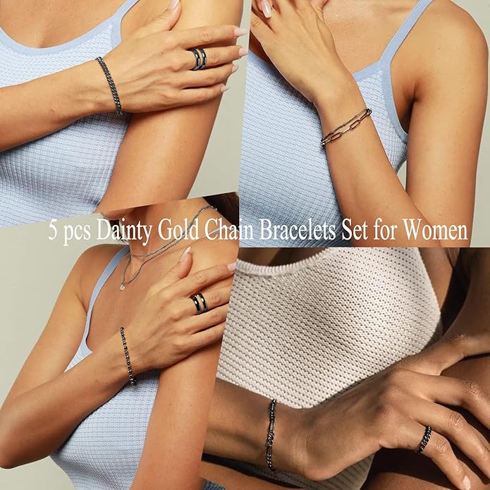 Gold Bracelets for Women Trendy,14K Gold Plated Dainty Stackable Paperclip Cuban Link Chain Bracelets, Simple Cute Cuff Bracelets Jewelry Set Adjustable 7"+2"