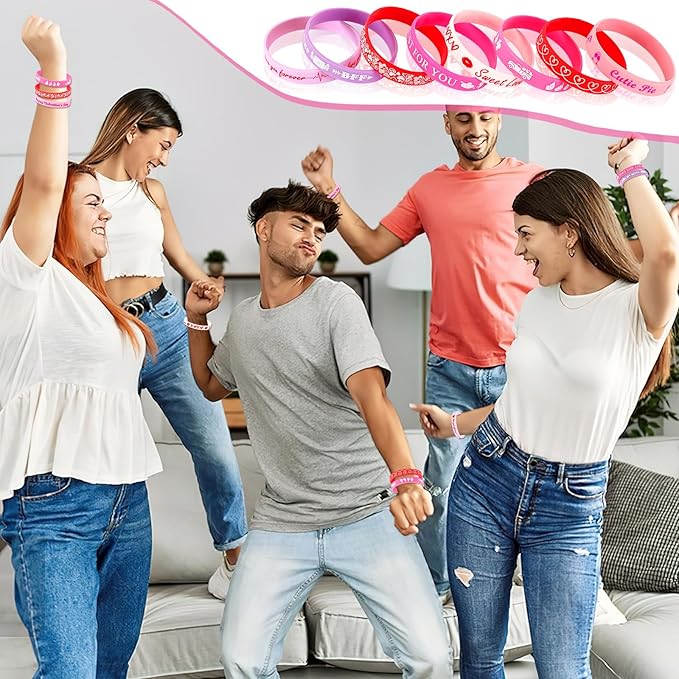 JUNEBRUSHS 64Pcs Valentine's Day Party Favors Silicone Bracelets Pink Red Love Heart Rubber Wristbands Accessories for Adults Valentine's Day Wedding Party Decorations Gift (8 Designs)