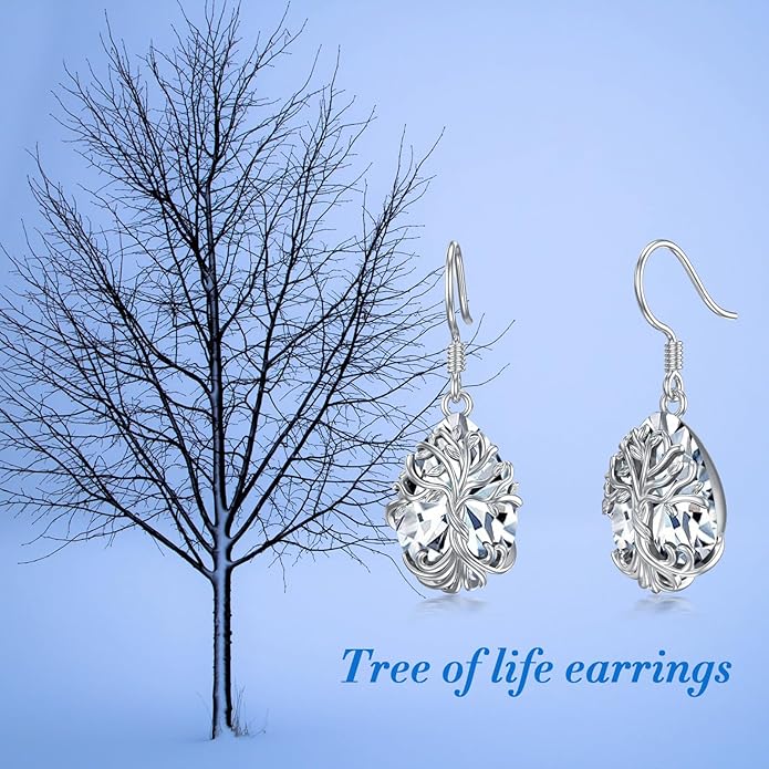 TOUPOP Tree of Life Earrings 925 Sterling Silver Family Tree Dangle Drop Earrings Crystal Jewelry Birthday Christmas Gifts for Women Her