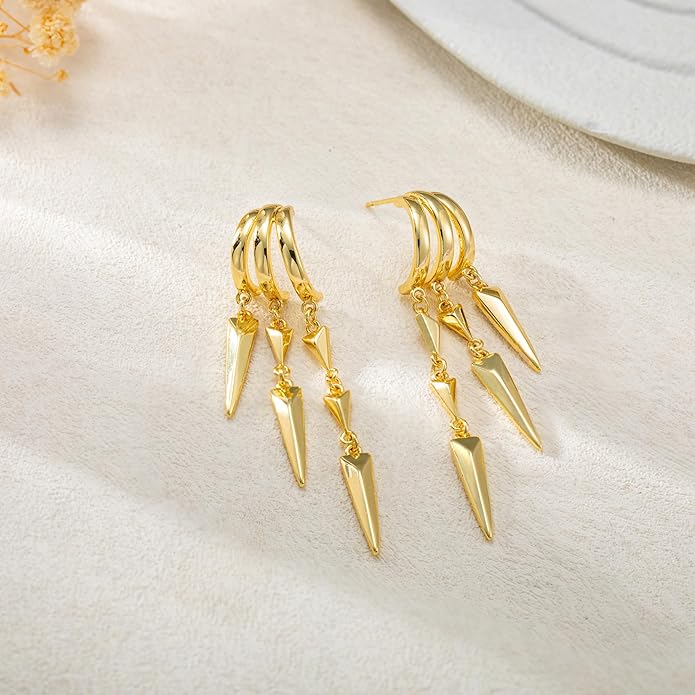 Dangle Earrings for Women,14k Gold Plated Triple Huggie Stud Earrings Dainty Drop Earrings for Women Trendy Gold Statement CZ Long Chain Earrings Non Tarnish Jewelry