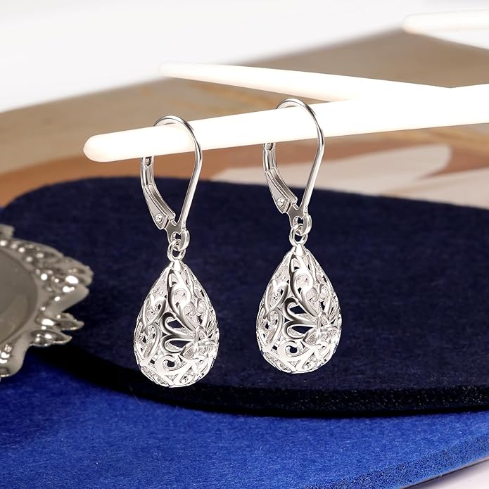 925 Sterling Silver 14K Gold French Style Leverback Earrings, Heart Dangle Drop Earrings for Women Hypoallergenic Jewelry