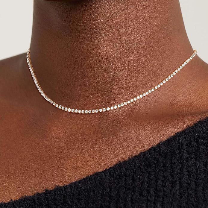 Tennis Necklace for Women, 14K Gold/Silver Plated Rhinestone Choker Necklaces for Women, Dainty Cubic Zirconia Cut Faux Diamond Chain