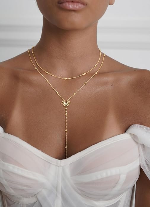 CHESKY Lariat Gold Necklace for Women Trendy, Dainty Long Necklace 14k Gold Plated/Silver Y-Shaped Pendant Necklace Layered Cz Beaded Chain Drop Necklaces Simple Gold Jewelry For Women Gift
