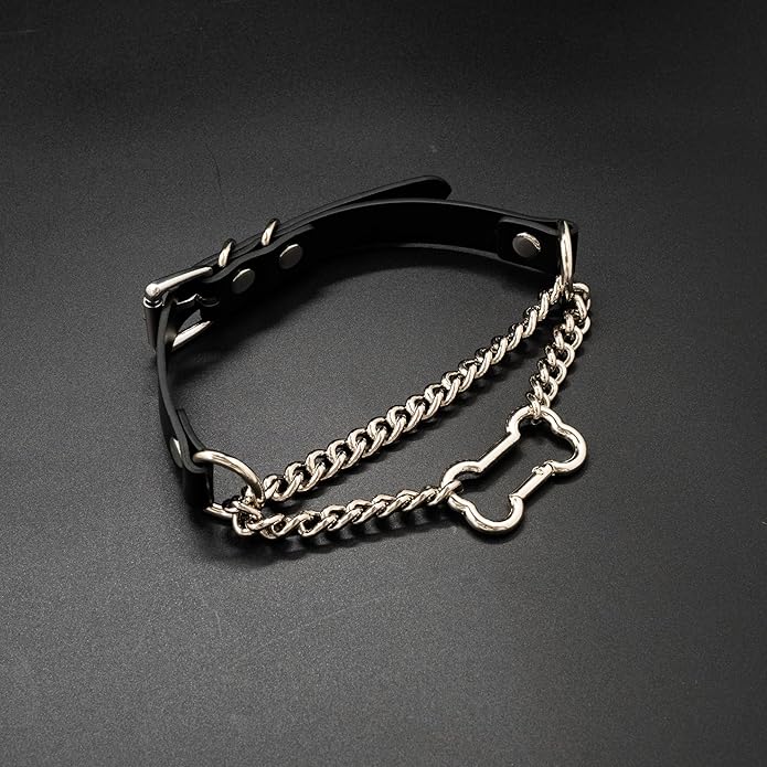 Black/Pink Leather Choker Collar For Women, Handmade Gothic Slip Chain Necklace with Bone Clasp