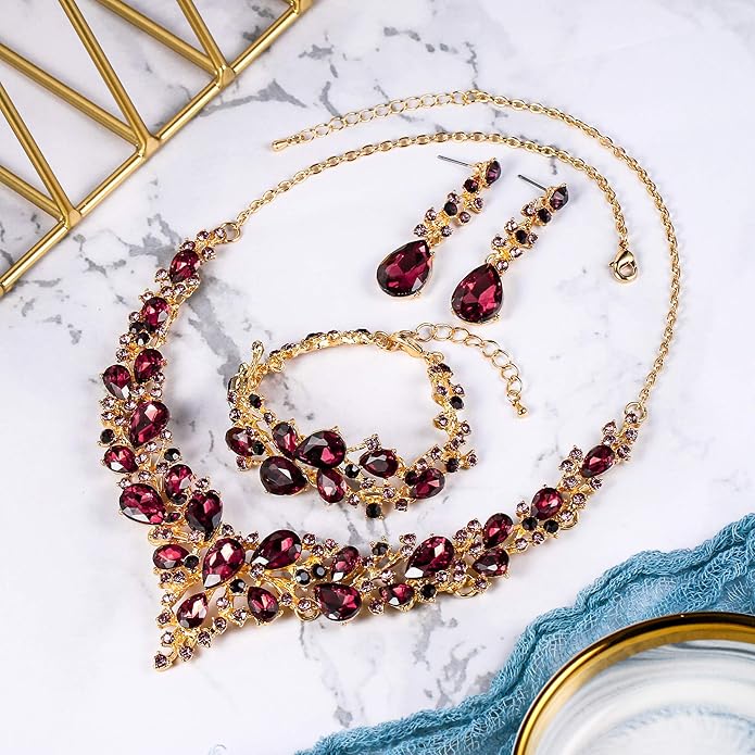 BriLove Wedding Bridal Jewelery for Women Austrian Crystal Teardrop Cluster Statement Necklace Dangle Earrings Link Bracelet Set