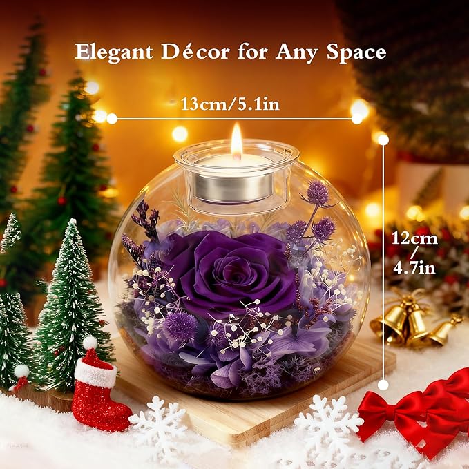 Forever Real Roses in Glass with Scented Candle, Christmas Gift Ideas Preserved Flower Christmas Gifts for Women Her Girlfriend Wife Mom on Valentines Birthday Anniversary Purple