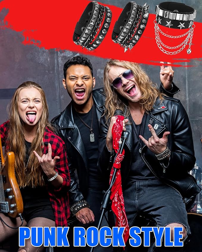 Hicarer 9 Pieces Spiked Studded Bracelet Black Leather Rivet Punk Bracelet Cuff Wrap Bangle Snap Button Metal Wristband for Men Women
