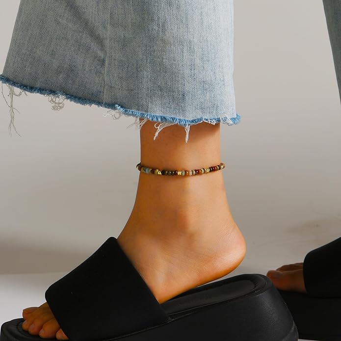 Natural Stone Beaded Anklets Bracelets for Women Handmade Beaded Anklet Bracelet Waterproof Boho Beads Ankle Bracelet Adjustable Summer Jewelry