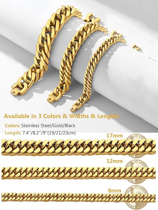 8/12/17mm Wide Cuban Link Bracelet for Men Father Gift 18K Gold/Black Plated Stainless Steel Bracelets 7.4-9 Inches(Gift Wrapped)