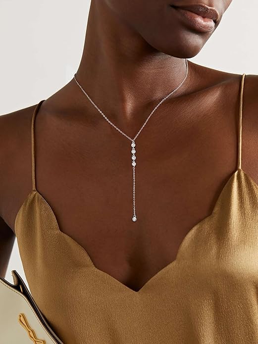 Foxgirl Lariat Gold Necklace for Women, Dainty Long Necklace 14k Gold Plated/Silver Y-Shaped Pendant Necklace Trendy Layered Cz Beaded Chain Drop Necklaces Simple Gold Jewelry For Women Gift